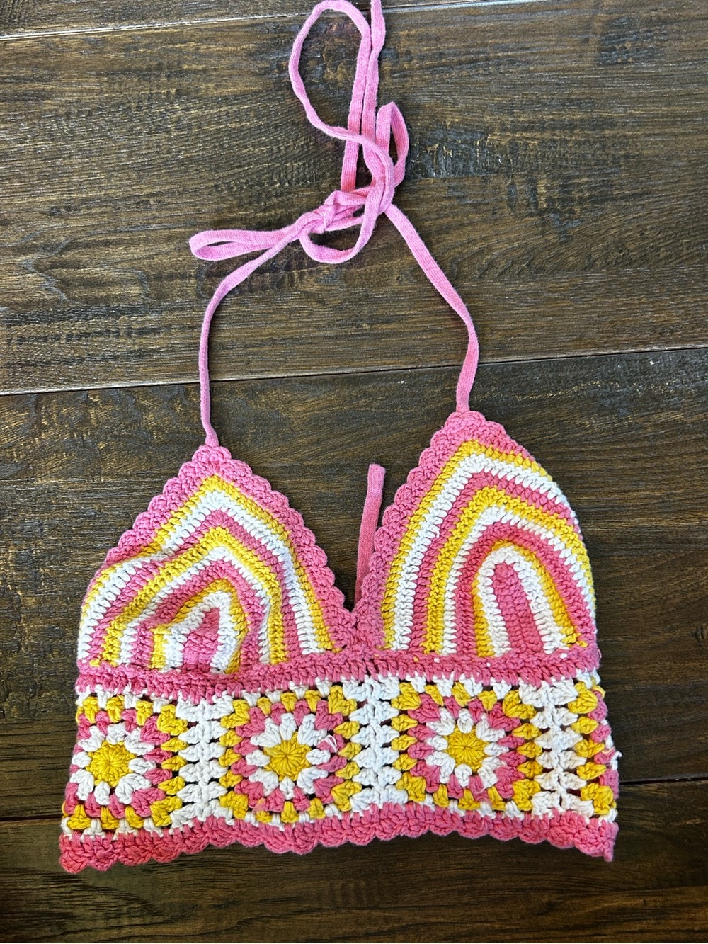 Princess Polly Pink Yellow White Crocheted Halter Bralette